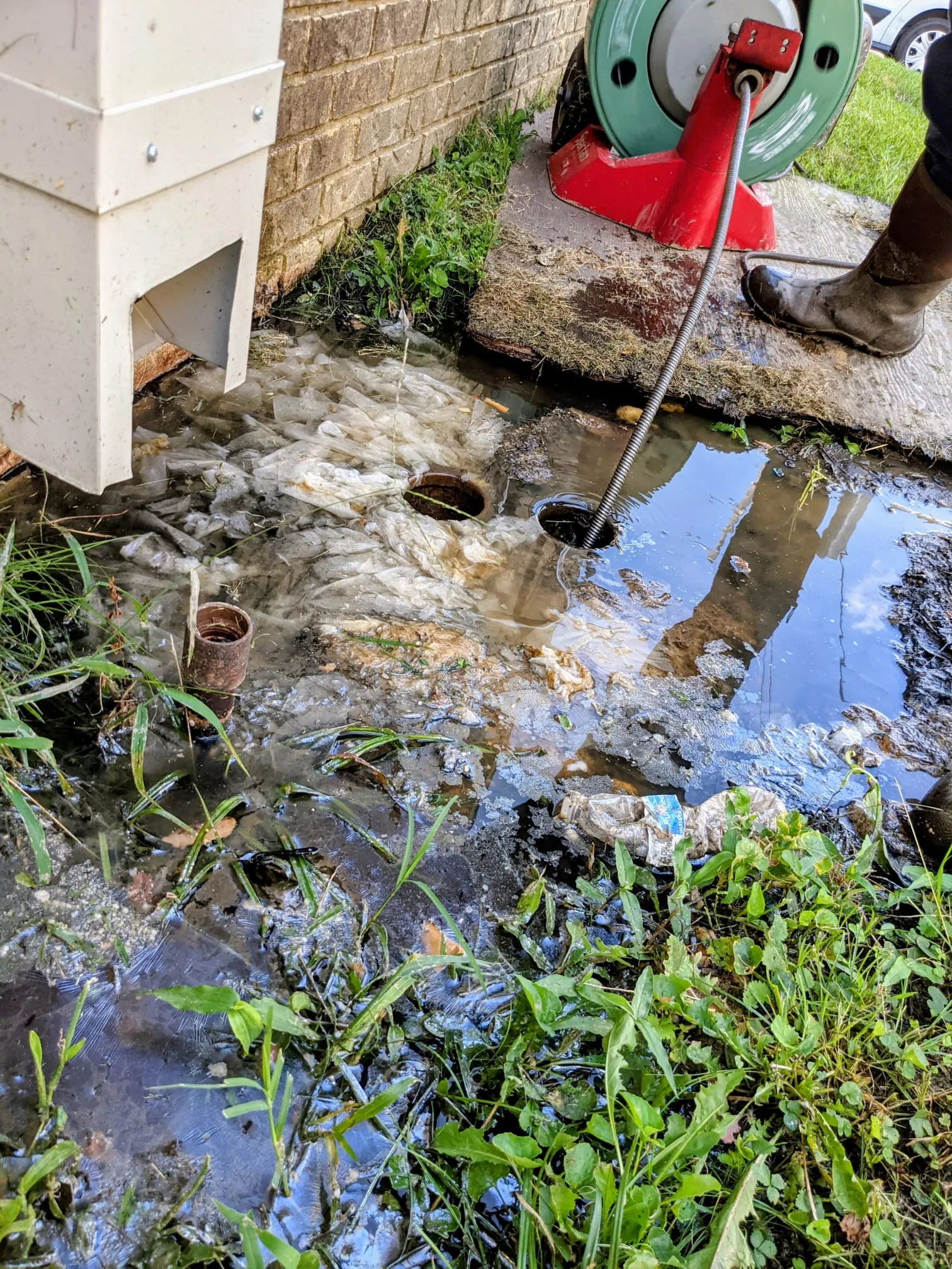 Plumber clearing a sewage backup with a sewer snake at an outdoor clean-out near UALR