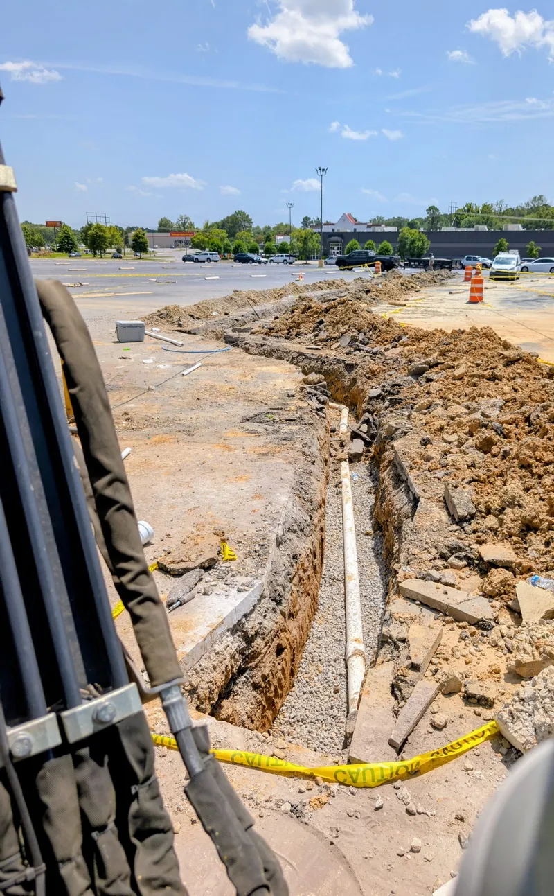 Grease trap sewer line installation in a parking lot trench for a new restaurant opening near UALR