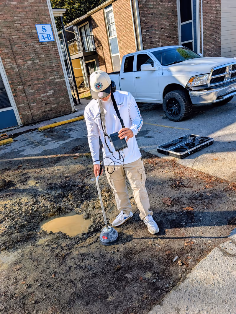 Plumber using electronic leak detection equipment in an apartment complex parking lot to locate an underground water leak